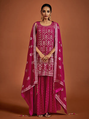 Rajwada Women Magenta Embroidered Georgette Partywear Stitched Kurta Set