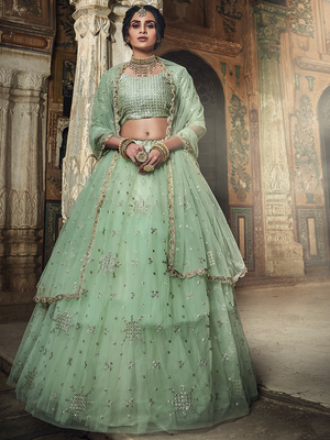 Rajwada Women Sea Green Sequins, Zari Semi Stitched Lehenga With Unstitched Blouse