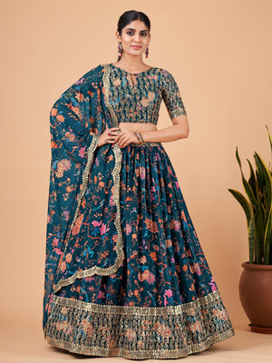 Rajwada Women Teal Printed And Embroidered Semi Stitched Lehenga With  Unstitched Blouse