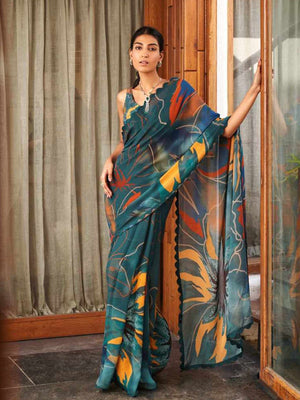 Rajwada Teal Blue Georgette Printed Saree With Unstitched Blouse For Women