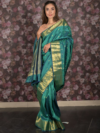 Rajwada Blue and Green Silk Blend Double Shaded Woven Saree with Unstitched Blouse for Women