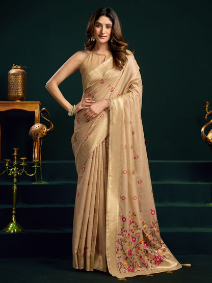 Rajwada Beige Cotton Blend Printed Saree For Women
