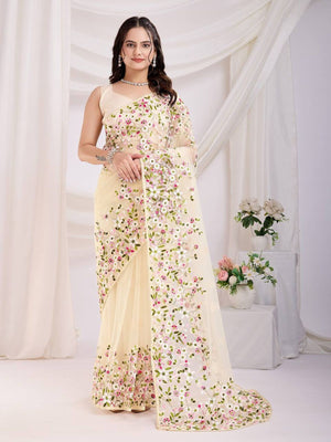 Rajwada Cream Net Embroidered Elegant Saree For Women