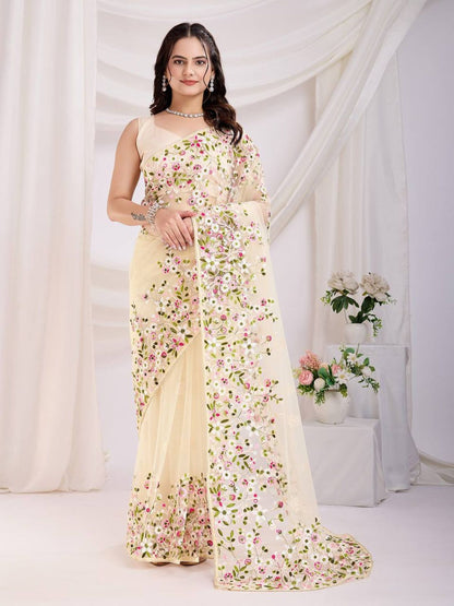 Rajwada Cream Net Embroidered Elegant Saree For Women