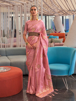 Rajwada Pink Silk Blend Woven Saree With Unstitched Blouse for Women