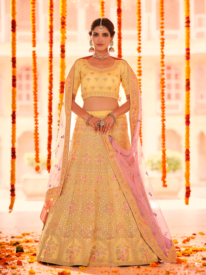 Rajwada Women Yellow Embroidered Organza Semi Stitched Lehenga With Unstitched Blouse