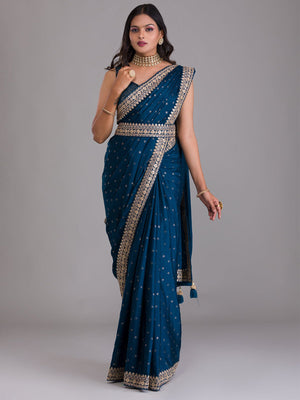Rajwada Navy Blue Embroidered Art Silk Saree With Unstitched Blouse For Women