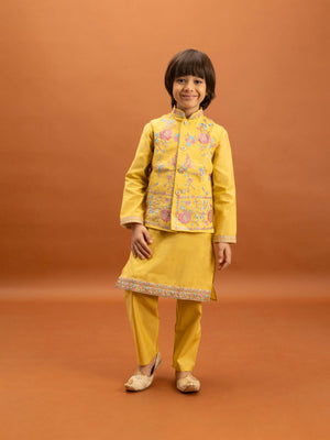 Rajwada Yellow Viscose Silk Embroidered Stitched Kurta Set For Kids