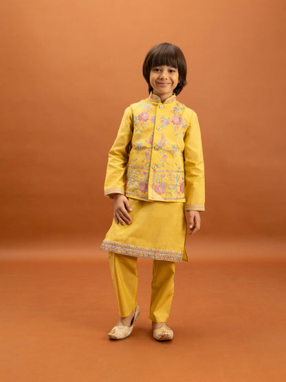 Rajwada Yellow Viscose Silk Embroidered Stitched Kurta Set For Kids