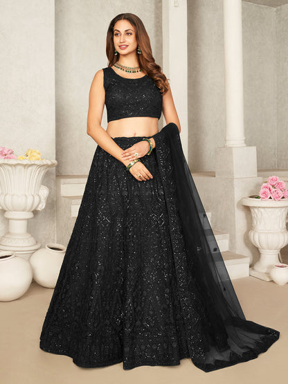 Rajwada Black Net Embellished Semi Stitched Lehenga With Unstitched Blouse for Women