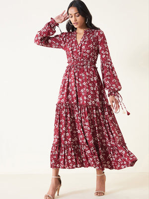Rajwada Red Rayon Stitched Printed Indo Western Dress For Women