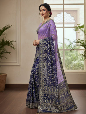 Rajwada Purple And Blue Georgette Embellished Solid Saree For Women
