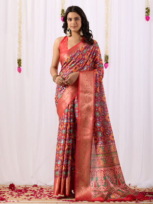 Rajwada Red Silk Blend Printed Saree For Women
