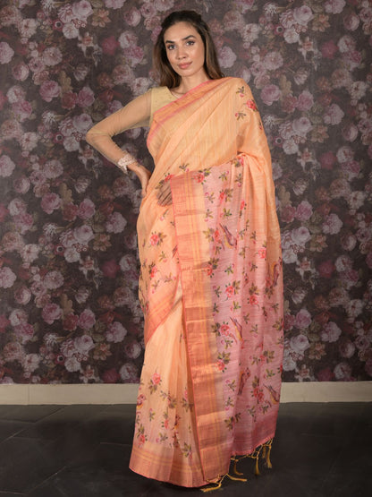 Rajwada Yellow Floral Print Cotton Blend Saree with Unstitched Blouse for Women
