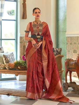 Rajwada Red Organza Woven Saree With Unstitched Blouse for Women