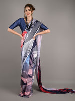 Multicolor Silk Blend Digital Stripes Print Saree With Unstitched Blouse