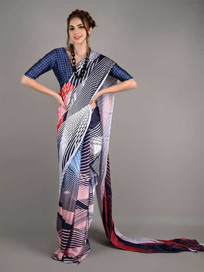 Multicolor Silk Blend Digital Stripes Print Saree With Unstitched Blouse