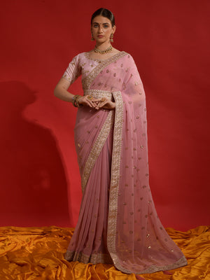 Rajwada Pink Embroidered Georgette Saree With Unstitched Blouse For Women