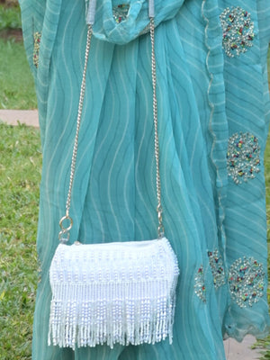 Rajwada White All-Pearls Tasseled Sling Bag For Women
