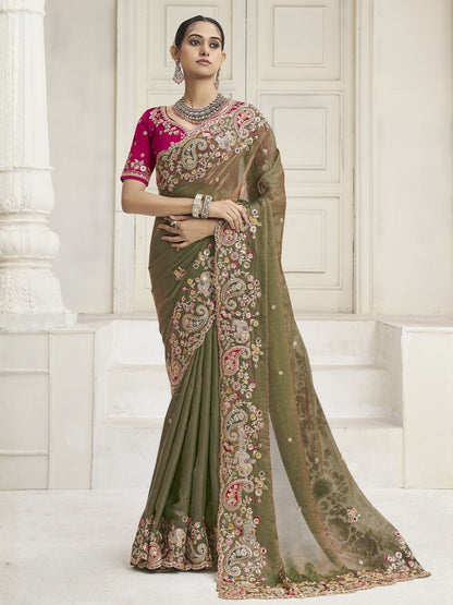 Rajwada Olive Green Satin Embroidered Saree For Women