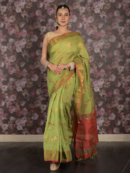 Rajwada Green Cotton Blend Woven Saree With Unstitched Blouse For Women