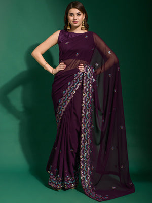 Rajwada Wine Embellished Georgette Saree With Unstitched Blouse For Women
