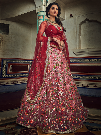Rajwada Women Peach Embroidered Art Silk Semi Stitched Lehenga With Unstitched Blouse