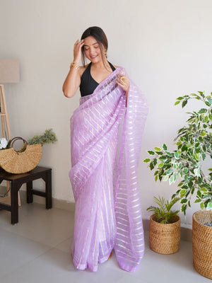 Rajwada Pink Organza Lace Work Saree With Unstitched Blouse For Women