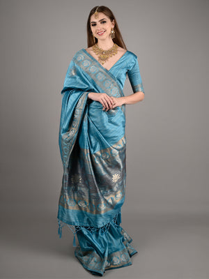 Rajwada Women Blue Silk Blend Woven Saree With Unstitched Blouse