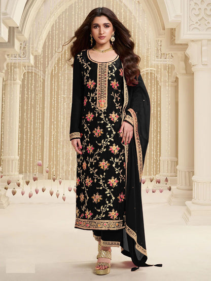 Rajwada Black Viscose Embroidered Semi-Stitched Kurta Set For Women