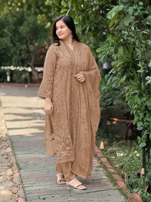 Rajwada Beige Georgette Embroidered Semi-Stitched Kurta Set For Women