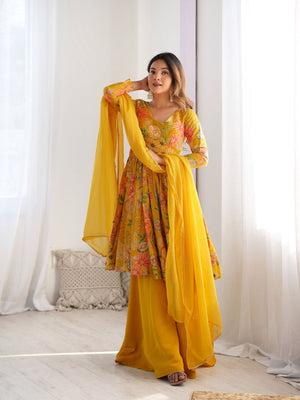 Rajwada Yellow Silk Blend Printed Stitched Kurta Set For Women