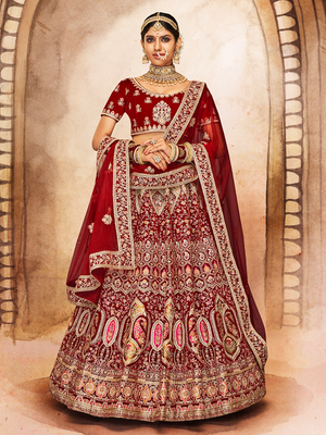 Rajwada Women Maroon Embroidered Velvet Semi Stitched Lehenga With Unstitched Blouse