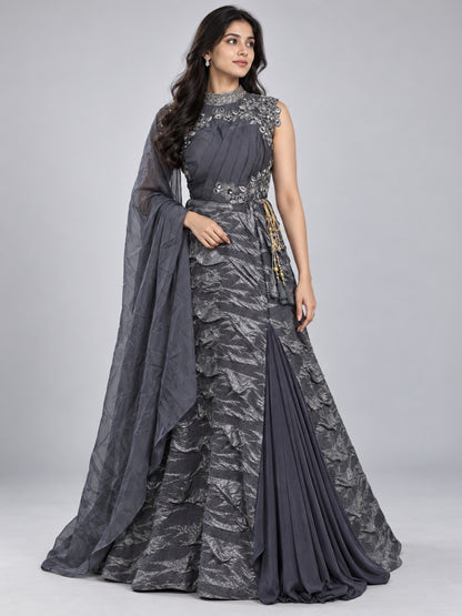Grey Silk Blend Embroidered Lehenga