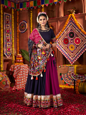 Rajwada Navy Blue And Magenta Cotton Blend Embroidered Semi-Stitched lehenga For Women