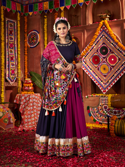 Rajwada Navy Blue And Magenta Cotton Blend Embroidered Semi-Stitched lehenga For Women