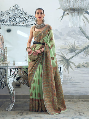 Rajwada Green Silk Blend Woven Saree With Unstitched Blouse For Women
