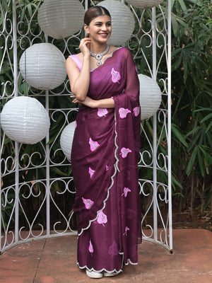 Rajwada Purple Embroidered Chiffon Silk Saree with Unstitched Blouse for Women