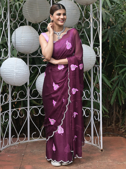 Rajwada Purple Embroidered Chiffon Silk Saree with Unstitched Blouse for Women