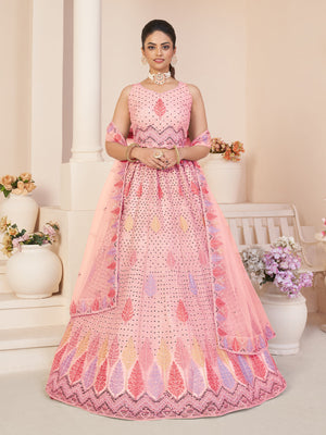 Rajwada Pink Georgette Embroidered Semi Stitched Lehenga With Unstitched Blouse for Women