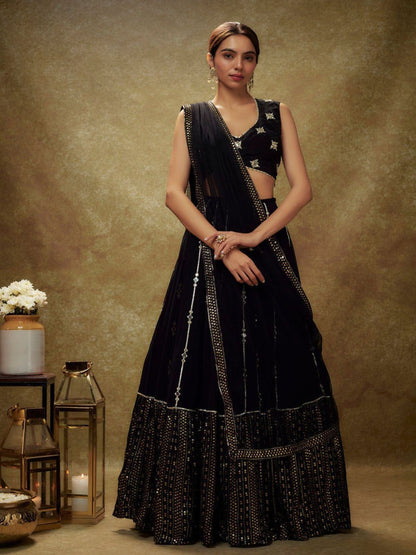 Rajwada Black Georgette Embellished Semi-Stitched Lehenga For Women