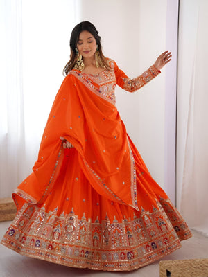 Rajwada Orange Silk Blend Embroidered Semi-Stitched lehenga For Women