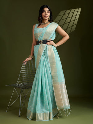 Rajwada Sky Blue Silk Blend Woven Checked Saree For Women