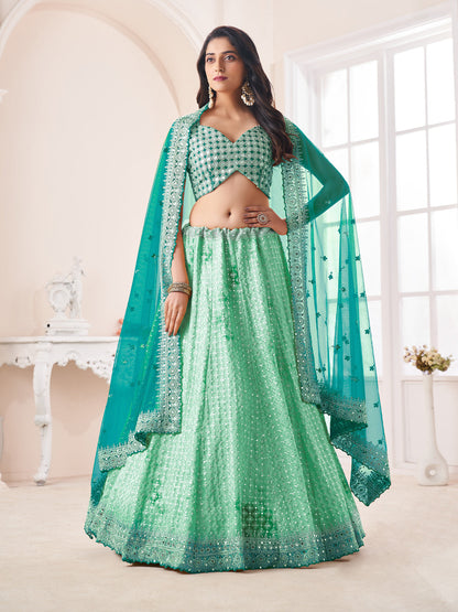 Rajwada Green Shibori Crepe Embroidered Semi Stitched Lehenga With Unstitched Blouse for Women