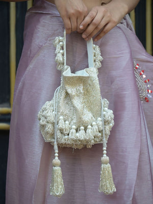 Rajwada Silver Embroidered Bridal Potli Bag For Women
