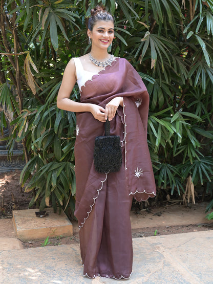 Rajwada Brown Beads Embroidered Khadi Organza Saree with Unstitched Blouse for Women