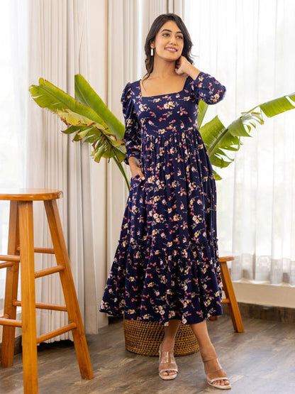 Rajwada Navy Blue Rayon Stitched Printed Indo Western Dress For Women