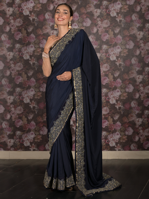 Rajwada Navy Blue Zari Embroidered Satin Saree with Unstitched Blouse for Women