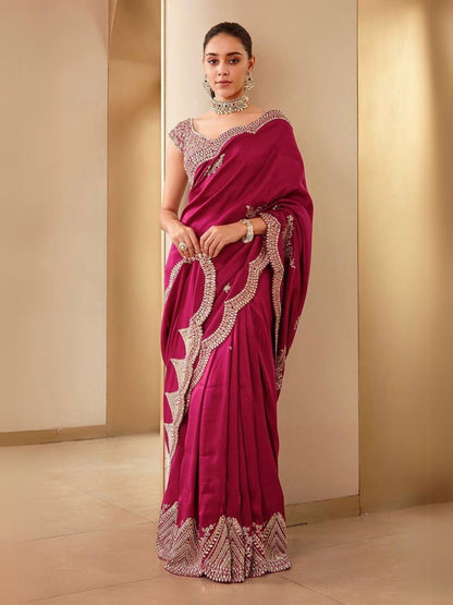 Rajwada Maroon Silk Blend Embellished Saree For Women