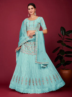 Rajwada Sky Blue Georgette Embellished Semi Stitched Lehenga With Unstitched Blouse for Women